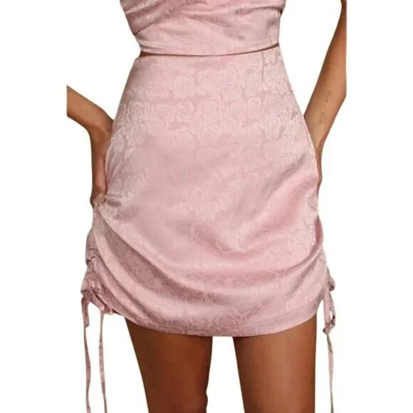 Lulus In a Bliss Pink Floral Satin Jacquard Cinched Mini Skirt - Picture 3 of 6